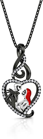 Jeulia Herz Sterlingsilber Halskette für Frauen Herren Vintage Schwarz Gepatchtes Herz Anhänger Halskette Persönlichkeit Anniversary Halloween Geburtstag Schmuck für Mädchen Junge (Jack&Sally)