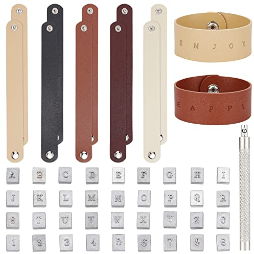 PandaHall 36 Stück Leder Stanzwerkzeuge Buchstaben Nummern Stanzstempel Lederhandwerk Metallstempel Mit 10 Stück Schnapparmbändern Blanko Armbandherstellungssets Für DIY Handwerksschmuckherstellung