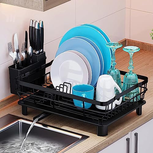 JUPPLIES Escurreplatos con Soporte para Utensilios Extraíble, Portavasos y Estante de Secado de Gran Capacidad - Escurridor de Platos con Boquilla de Drenaje Automático - 41.5x31x15.5cm Negro