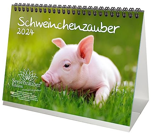 Schweinchenzauber DIN A5 Tischkalender für 2024 Schwein Schweinchen - Geschenkset Inhalt: 1x Kalender, 1x Weihnachtskarte (insgesamt 2 Teile)