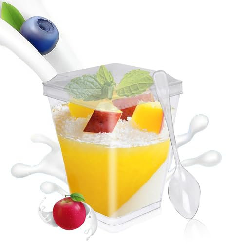 wynott 50PCS Mini Dessert Cups Lids and Spoons 160ml Reusable Plastic Dessert Cups Set Plastic Square Dessert Cups Pots Clear Parfait Appetizer Cup Dessert Bowls Serving Bowl for Dessert Cake Jelly