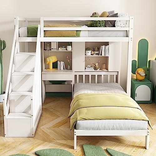 Moimhear Litera, cama doble, cama infantil, multifuncional, función de almacenamiento, con escritorio y estantes, con somier, color blanco, 90 x 200 cm