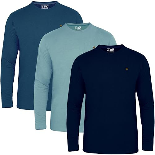 JRC Just Royal Clothing Pack of 3 Mens Long Sleeve Crewneck T-Shirts, Casual Round Neck Tops (Navy, Stone Blue, Mid Night, 2XL)