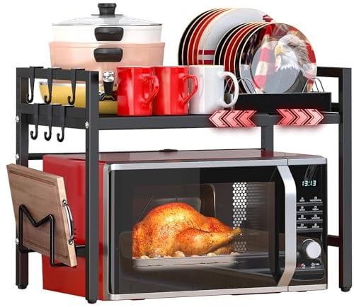 Microwave Shelf Stand, 2Tier Microwave Rack Extendable Over Microwave Stand Countertop with Hooks