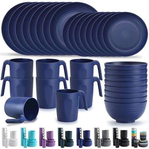 Kyraton Cubiertos de plástico Juegos de 32 piezas, reutilizables Platos ligeros Tazas Cuencos Platos Fácil de llevar y limpiar Microondas Seguro BPA Lavavajillas seguro Servicio seguro para 8