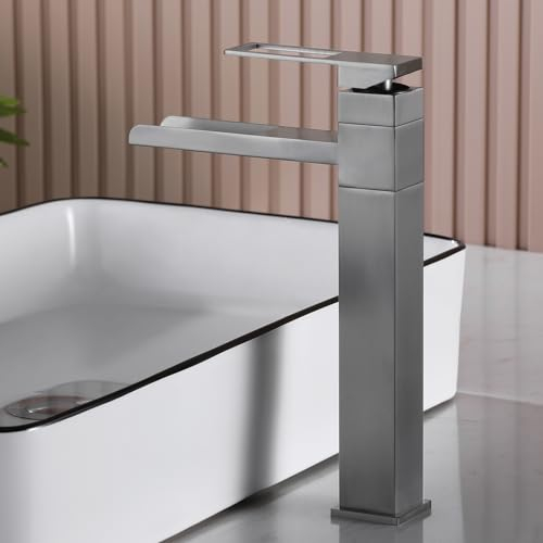 SHANFO Robinet Lavabo Haut, Robinet Salle Bain Cascade, Mitigeur Lavabo Rotatif 360°, Mitigeur pour Vasque, Réglable Chaud et Froid, Gris, 6M7OK-T