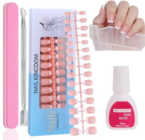 French False Nails Kit, 240Pcs Strong Press On Nails for Extensions, Short False Nails With Glue Fake Nails 15 Sizes French White Tip Nail Manicure (Short Coffin-01 Glossy)