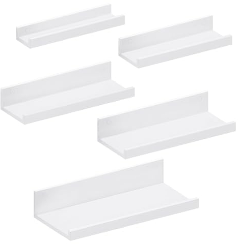EUGAD Wandregal 5er Set, Schweberegal Weiß, Bilderleiste für Bilderrahmen, Wandboard Verschiedener Größen, Regal für Wohnzimmer Arbeitszimmer Badezimmer Küche