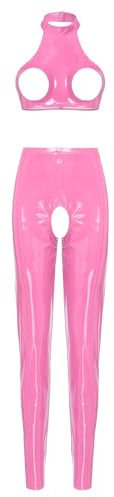 Jugaoge Damen Erotik Babydoll Ouvert BH Lack Leder Bra und Offener Schritt Hose Slim Fit Stretch Pants Zweiteilige Dessous Set Gogo Outfits Clubwear C Rosa 3XL