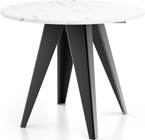 WFL GROUP Esstisch Glory im Industriestil - Modern, Rund - Ausziehbar von 90 cm bis 130 cm, mit pulverbeschichteten Metallbeinen, Tisch für Kleine Küche - Farbe (Weiß Marmor, 90 cm)