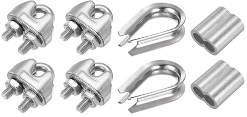 PATIKIL Wire Rope Accessory Set, 304 Stainless Steel 4 Pcs Cable Clip Clamp 2 Pcs Thimble 2 Pcs Aluminum Crimping Loop Sleeve for 12mm/3/8 Cable Rope