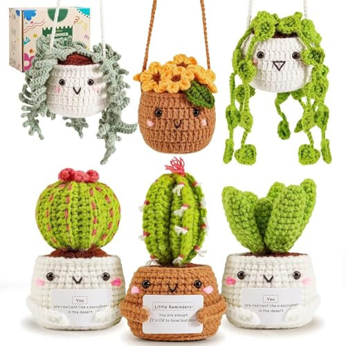 Mecmbj Lindo kit de crochet de cactus, kit de crochet para macetas hechas a mano para colgar de 6 piezas,kit para principiantes de crochet para adultos con instrucciones paso a paso en vídeo en inglés