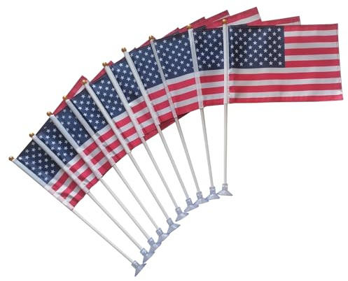 Lot de 10 mini drapeaux américains avec ventouse pour bureau, magasin, fête, jardin, cour (double face)