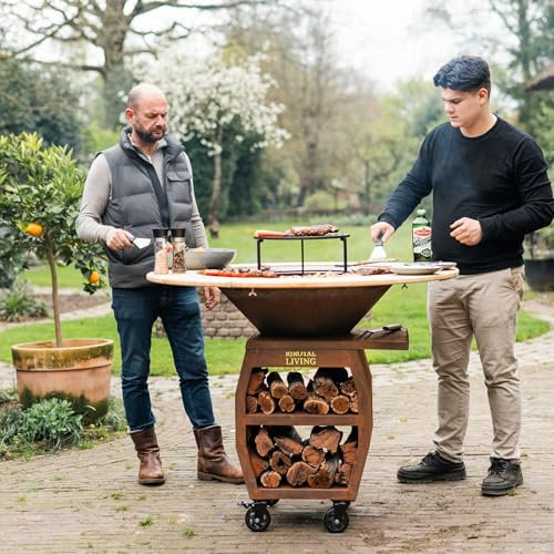Barbecue Compañero 2.0 Plancha XXL in acciaio Corten, con bordo in legno, da 80 x 80 x 112,5 cm, con anello per barbecue, braciere con piastra completa
