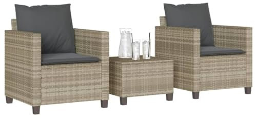 LAPOOH 3-TLG. Bistro-Set mit Kissen Hellgrau Poly Rattan, Balkonmöbel, Balkon Möbel, Balkon Sitzgruppe, Gartenmöbel, Sitzecke Garten, Balkonset, Terrassen Möbel - 4003901