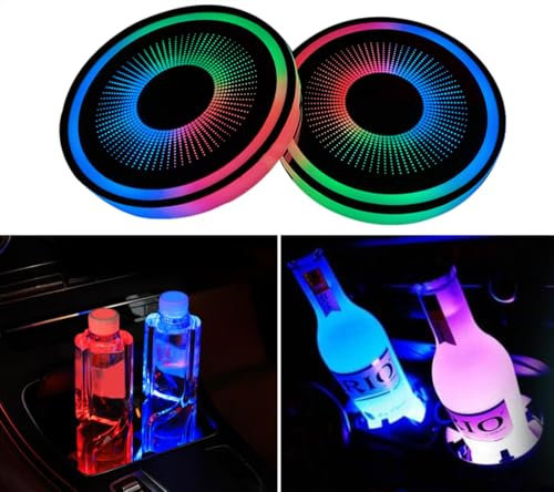 VOAKZEF 2 Pcs LED Car Cup Holder Lights, USB Charging, 7 Colors, Luminescent Coasters