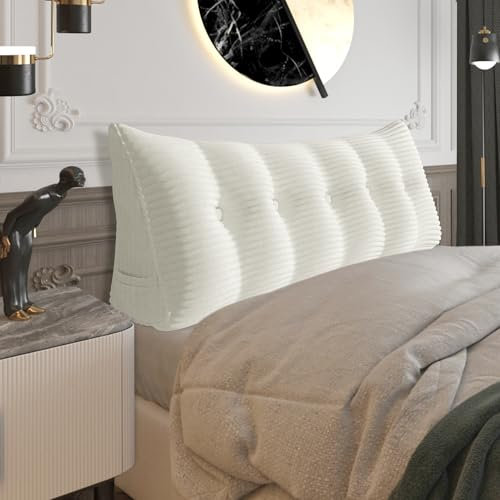 BNCKTRD Rückenkissen Keilkissen Rückenlehne Kissen für Bett Sofa Kopfteil Gepolstert Bettkissen Wandkissen Sofakissen Groß Rueckenkissen Couchkissen Dekokissen Kordsamt Azur Elfenbein Weiß 160cm