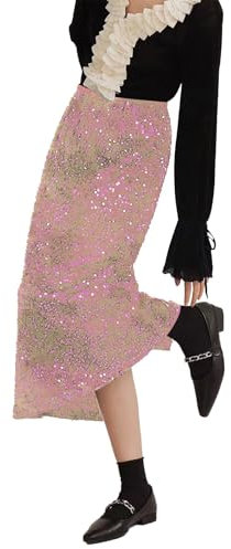 Gonna da donna con paillette, per una linea luccicante e luccicante, per donna, abito da ballo lungo, con brillantini, tinta unita, da cocktail da donna, elegante, per matrimoni e feste, Colore: