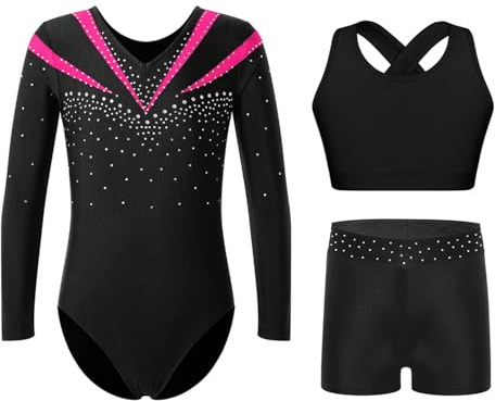 Oyolan Mädchen Kinder Turnanzug Gymnastikanzug Glitzernde Langarm Gymnastikbody mit Kurze Hose und Top Set Tanzkostüm