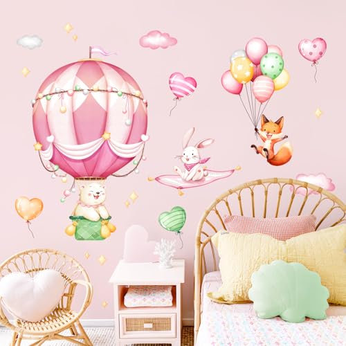 Supzone Wandtattoo Heißluftballon Tiere Wandaufkleber Cartoon Bär Fuchs Kaninchen Mädchenzimmer Wandsticker Abziehen und ankleben für Kinderzimmer Babyzimmer Schlafzimmer Türen Wanddeko
