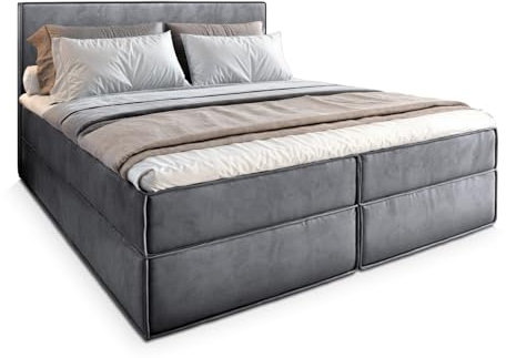 Masseno Boxspringbett PELLIO 180x200 cm Komplett-Set mit Matratze und Topper, Polsterbett mit Zwei Bettkästen -Grau, Monolith 85