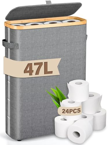 Rangement Papier Toilette, 47L Grande Panier à Papier Hygiénique, Corbeille de Rangement de Bambou, Corbeille Porte Papier Toilette avec Fenêtre Transparente, Rangement pour 16 à 24 Rouleaux