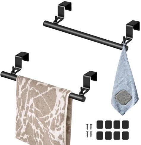 2 Pcs Over The Door Towel Rack, 2 Hooks, Over Cabinet Towel Bar, Stainless Steel Kitchen Dish Towel Holder for Bathroom Cupboard, 8 EVA Foam Protective Mats and 2 Nails, 2 Pack (Black Upgrade)