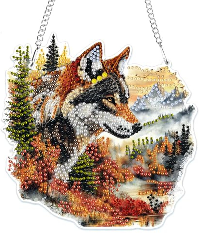 MOGTAA 5D Wolf Diamond Painting Anhänger, Tiere Diamond Painting mit Kette Kinder Erwachsene, Diamant Painting Fensterbilder, Hängende Ornament Set für Wand Und Eingang Decor