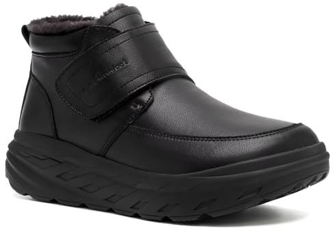 Men's Orthopedic Extra Wide Toe Box Leather Insulated Winter Ankle Boots: Arch Support Cold Weather Hook and Loop Plantar Fasciitis Diabetic Dress Shoes, Comfortable Working Snow Boots Black Size 9