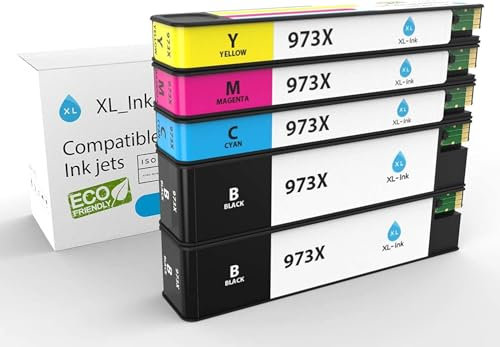 XL-Ink Ink Cartridges Compatible with HP 973x / HP973x Economy Pack of 5 (CMY + 2X BK: HP 2X L0S07AE, F6T81AE, F6T82AE, F6T83AE. Capacity: 2X 10,000 Pages, 3X 7000 Pages, for Hp PageWide Pro 452dn 452