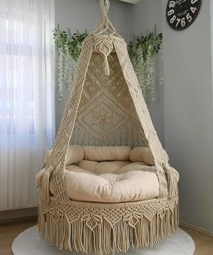 Handgefertigter schöner Makramee-Schaukelstuhl – Innen- und Außenbereich Boho-Hängematte – Entspannende Schaukel für Terrasse und Schlafzimmer