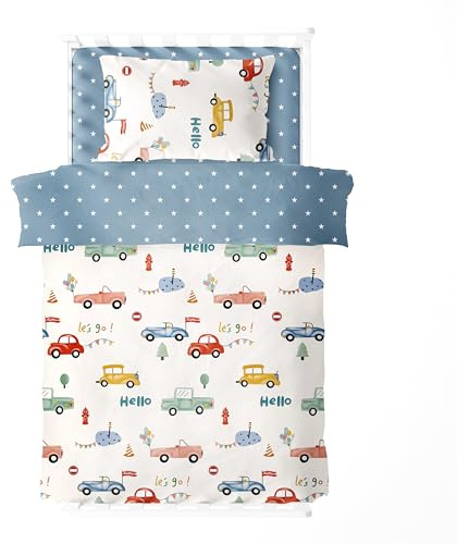 Freyamy Autos Bettwäsche-Set 135x200,Cartoon Kinderbettwäsche für Mädchen Jungen,Autos Wendemotiv,Reißverschluss Sichern,Kinder Bettbezug 135x200 mit Kopfkissenbezug 80x80 Geschenk für Kinder