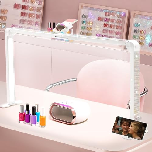 Ciyebst Nail Tech - Lámpara para escritorio, luz grande de media luna de 34 pulgadas con soporte para teléfono, brillo de 48 W, luz de arco ajustable para manicura, tatuaje, spa, salón, lámpara LED de
