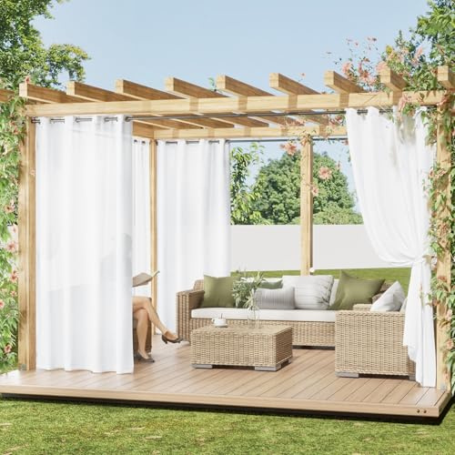 PONY DANCE Outdoorvorhang Weiß Halbtransparent 2er Set H 274 x B 132 cm Outdoor Gardinen mit Ösen für Balkon & Pavillon & Terrasse Vorhänge Wasserdicht Outdoor Curtains