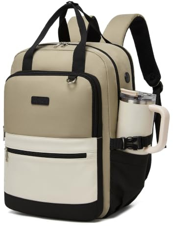 KONO Rucksack Damen 15,6 Zoll Laptop Schulrucksack mit Flaschenfach, 2 in 1 Tagesrucksack für Arbeit, Uni, Reise und Büro (Khaki/Beige)