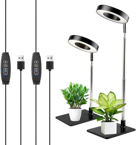 Grow Lights for Indoor Plants,48 LEDs Full Spectrum with Detachable Base Height Adjustable Halo Ring,3 Color Modes 10 Dimming Brightness Auto Timer 3/9/12H for Small Plant Light Growing 2-Pack (Black)