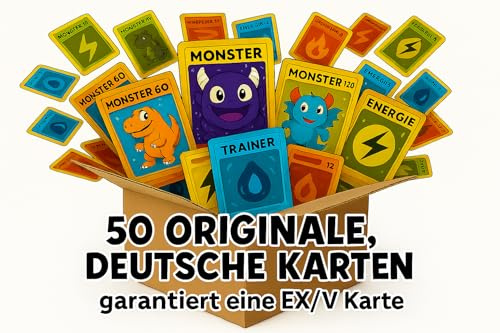 Hansekarten - Pokémon Karten Set - 50 Originale, deutsche Pokémonkarten inkl. Glitzerkarten und garantiert 1x Ex/V Karte