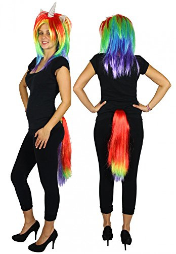 Regenbogen Einhorn Perücke und Schwanz Kostüm Set für Damen - Unicorn Perücken lockig Trend Tierperücke bunt Märchen langhaar mit Horn und Ohren Einhornperücke