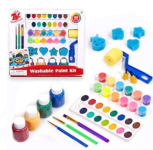 TBC Washable Paint Kit for Kids Safe Poster Painting Set with 12 Tempera Paints, 16 Watercolour Paints, 4 Finger Paints, Brushes and Sponge Roller & Stamps for Toddler Children Art DIY