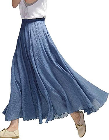 Damen Baumwolle Lange Rock Tellerrock Maxirock Doppelt Genäht Elastischer Bund - Einfarbig Niagara Blau Länge 95cm