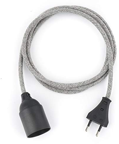 3m Plug-In Lampe GRAU-MELANGE, Textilkabel mit Lampenfassung aus Thermoplast (GLATTMANTEL) mit Eurostecker