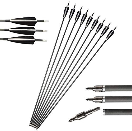 MILAEM 34 Archery Carbonpfeil Spine 500 Bogenpfeile Jagdpfeile Naturfeder mit 100 Korn Pfeilspitze austauschbarer Kohlenstoffpfeile für Recurve Bogen Compound Bogen Bogenschießen Jagd (Pfeile)