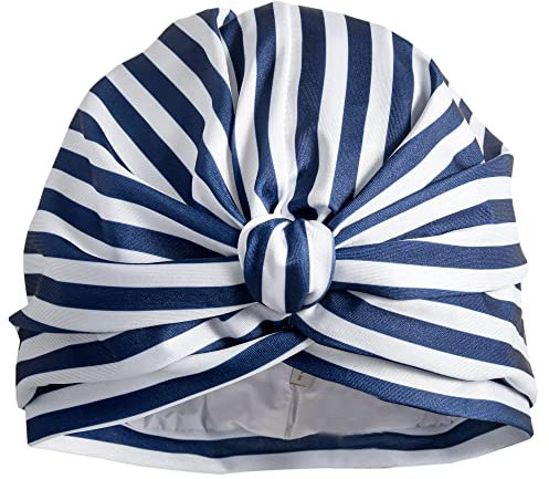 Dilly Daydream Stripey Blue Shower Turban - Lycra Shower Cap - Waterproof Lining - British Made - Machine Washable - All Hair Lengths