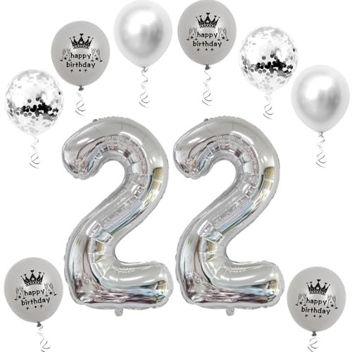 XL Folienballon 22 Geburtstag, Folienballon Zahl 22, Zahl 22 Silber, Luftballons Zahl 22, Nummer 22 Luftballon Silber, 32 Geburtstagsdeko Ballon 22