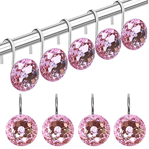 TOAOB Lot de 12 crochets ronds en acier inoxydable avec strass décoratifs antirouille pour rideau de douche Accessoires de rideau de douche Rose