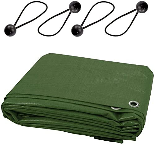 Waterproof Tarpaulin with 4 Ball Bungees - 3 x 4 m Green PE Tarp Cover for Garden, Wood, Camping, Groundsheet, Construction - 90 GSM UV Resistant, Tear-Proof, Mould-Proof, Rope-Reinforced Edges