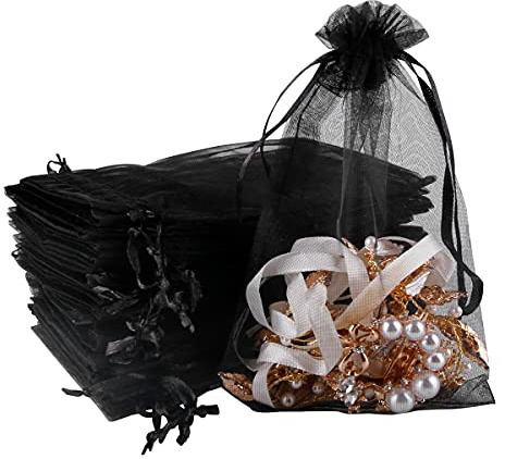 DoGeek 60 Medium Organza Gift Bags Black Jewelry Pouches Sheer Drawstring Pouches, Mesh Candy Favour Bag for Wedding Party Festival Game (10 x 15CM, Black)