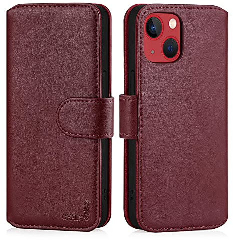 CHALK & HIDE - Real Leather Book Wallet Flip Case Cover For Apple iPhone 13 Mini (5.4), Real Leather Design With Card Slot, Magnetic Closure and Built In Stand - Burgundy