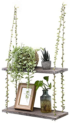 MITIME Hanging Shelves for Wall,2 Tier Window Wall Hanging Shelf for Plant Photo Frames Decorations Display Decor, Green Leaf Rope Farmhouse Wooden Floating Small Bookshelves (Retro Color, 2 Tier)