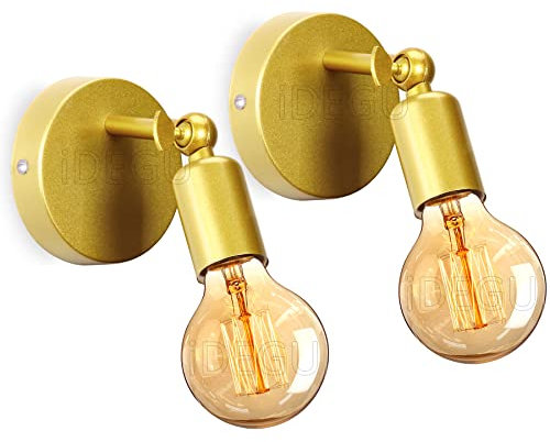 iDEGU Lot de 2 Applique Murale Industrielle Vintage en Fer Lampe Murale E27 Douille Rotative à 180° Applique Interieur pour Chambre Salon Escalier Couloir (Doré)